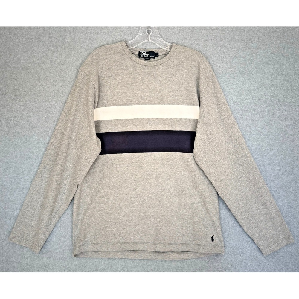 Polo Ralph Lauren Shirt Men Large Gray Blue Striped Crewneck Long Sleeve Knit